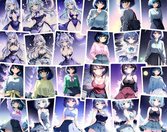 May include: A collage of images featuring anime-style characters with blue hair. The characters are wearing a variety of outfits, including dresses, skirts, and pants. The background is a starry night sky.