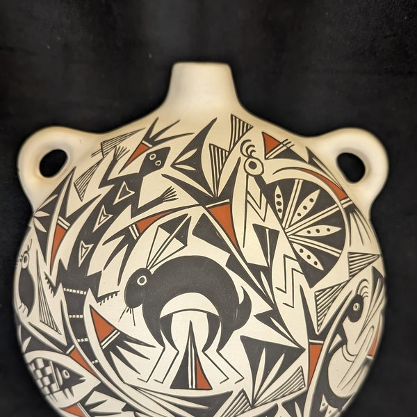 Acoma Pottery Canteen Signed B.L. Cerno Southwest Native Animals Design