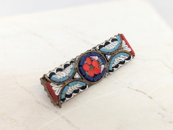 Vintage Italian Micro-Mosaic Brooch, Floral, Red,… - image 1