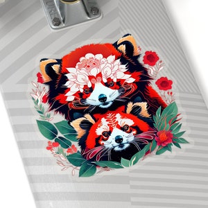 Adorable panda rojo floral padre y cachorro pegatina, linda familia panda rojo, vinilo calcomanía beso-corte pegatina