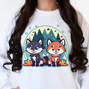 Two Cute Wolves Chibi Sweatshirt with Mountain and Starry Night Background, Kawaii Japanese Art Anime Graphic Crewneck Sweatshirt