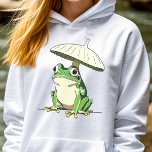 Frog Mushroom Cap Hoodie, Cute Frog and Mushroom, Japanese Art Anime, Gift for Frog Lover, Unisex Heavy Blend Hooded Sweatshirt