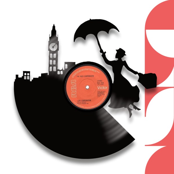 MARY POPPINS - Horloge en véritable disque vinyle découpé