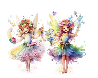 Fées arc-en-ciel mignonnes, Clipart aquarelle magique, Clipart de jardin de conte de fées, Clip Art de fée, Fées de la forêt, Fées PNG, Téléchargement numérique