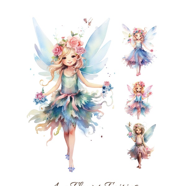 Cute Forest Fairy Clipart, Flower Fairy Clip Art, Fairies, Watercolor Clipart, Flower, Forest Fairies Clipart, PNG Instant Download, PNG