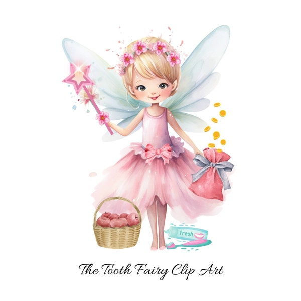 Cute Tooth Fairy, Watercolor Clipart, PNG fairy clipart, Fairy tale, Wings, Baby tooth, Digital Download, PNG Instant Download, PNG Clipart