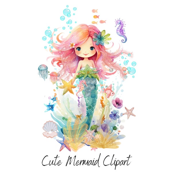 Cute Kids Clipart, Mermaid Clipart, Mermaid Digital Download, Mermaid PNG, Under The Sea Graphic Girls, Watercolor Clipart, Instant Download