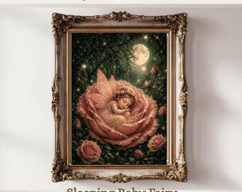 Antique Sleeping Fairy Nursery Art, Whimsical Floral Wall Art PRINTABLE Digital Art Download