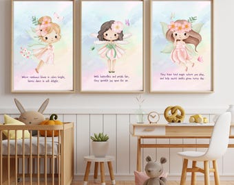 Girls Nursery Prints, Set of 3 Fairies, Rainbow Butterflies (Digital Download) Magic Wall Art