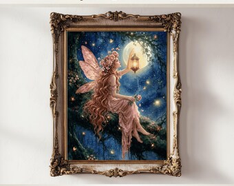 Forest Fairy Sitting Under the Moon, Vintage Painting Fantasy Fairy Whimsical Sprite Fairycore Magical Wall Art Print, Digital Download