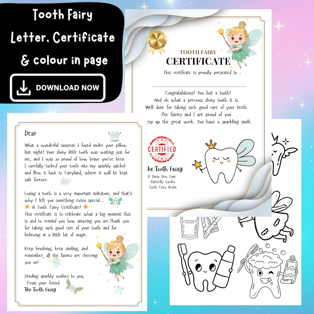 Printable Tooth Fairy Letter First Tooth + Certificate and Colouring in ...