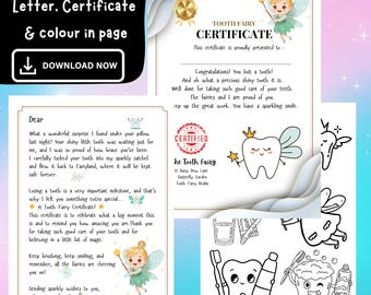 Printable Tooth Fairy Letter First Tooth + Certificate and Colouring In Page Instant Download