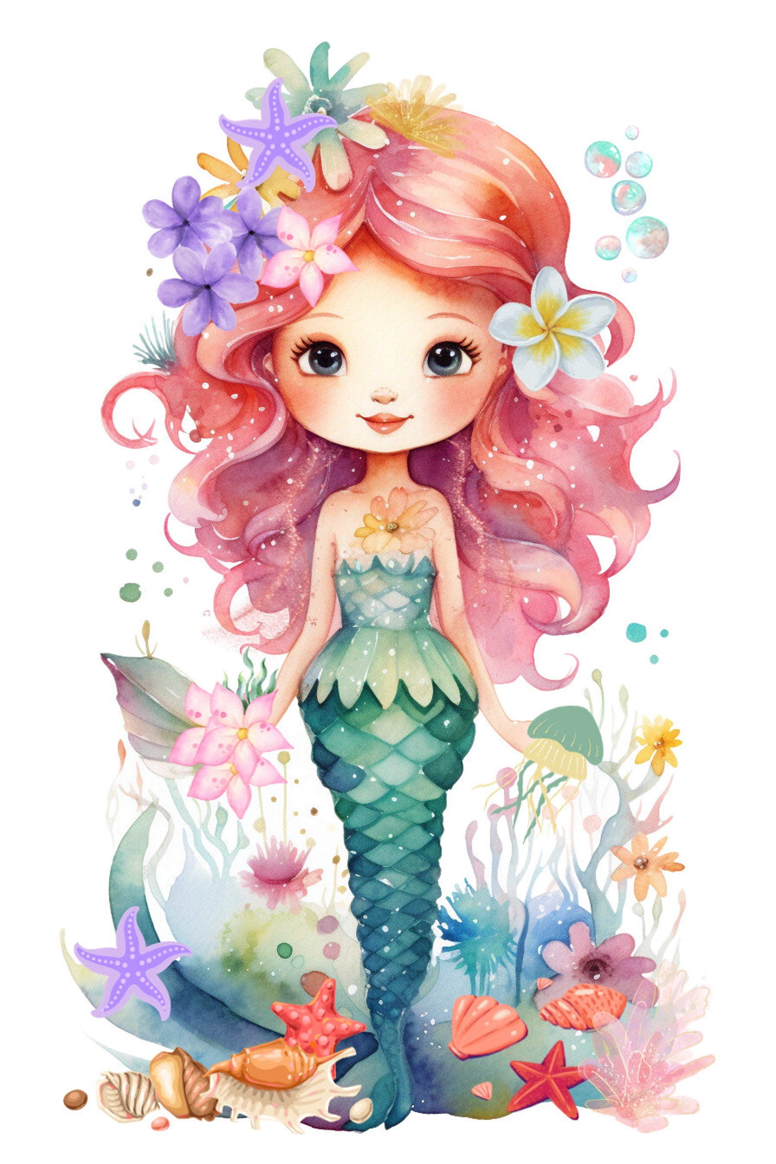 Cute Mermaid Clipart, Mermaid Digital Download, Mermaid PNG, Under the ...