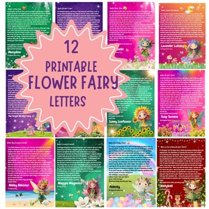 Może przedstawiać: Zbiór 12 drukowanych listów wróżek kwiatowych. Każdy list zawiera kolorowe ilustracje wróżek i kwiatów z fantazyjnym tekstem. Listy są przeznaczone dla dzieci i przedstawiają różne postacie wróżek.
