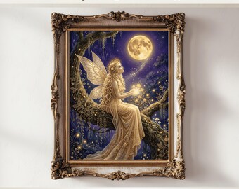 Gold Forest Fairy Sitting Under the Moon, Vintage Painting Fantasy Fairy Whimsical Sprite Fairycore Magical Wall Art Print, Digital Download