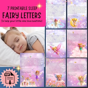 Könnte beinhalten: Ein digitaler Download mit sieben druckbaren Schlaf-Feen-Briefen. Die Briefe haben ein lila und rosa Thema mit Feenillustrationen und Text. Das Bild zeigt auch ein schlafendes Kind und ein PDF-Symbol.