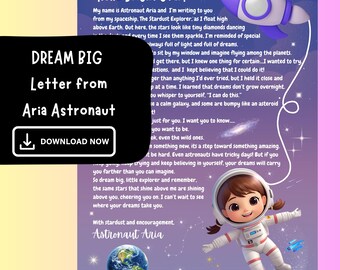 Girl Astronaut Letter for Kids,  Inspirational “Dream Big” Space Message Encouraging Printable Letter for Children, Instant Download PDF