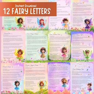 May include: A digital download of 12 fairy letters, each with a different fairy illustration. The letters are set against colourful backgrounds with floral and butterfly motifs. The words "Instant Download" and "12 Fairy Letters" are displayed.