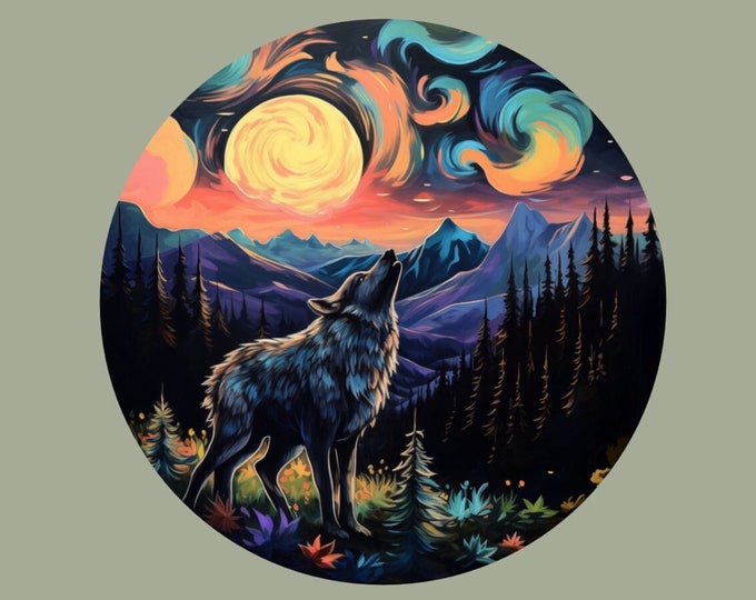 Modern Abstract Wolf at Night Circle Poster Photomural Wall Décor Easy-Install Removable Self-Adhesive High-Quality Peel and Stick Sticker