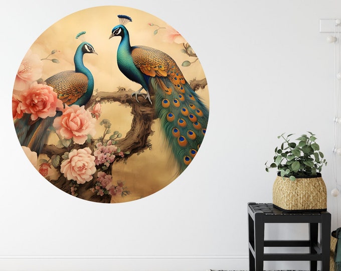 Vintage Peacock Generative AI Circle Poster Photomural Wall Décor Easy-Install Removable Self-Adhesive High-Quality Peel and Stick Sticker