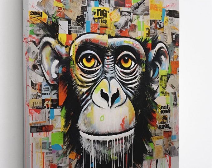 Vintage Ape Graffiti on Newspaper Grunge Square Colorful Natural Canvas Print Wall Art Picture Great Gift Idea High-Quality Home Wall Art