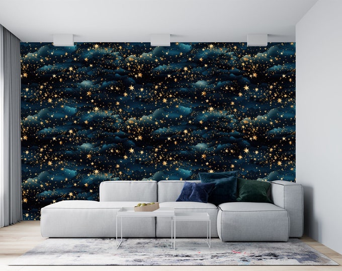 Calm Starry Night Nursery Wall Pattern Gift, Art Print Photomural Wallpaper Mural Easy-Install Removeable Peel and Stick Large Wall Decal