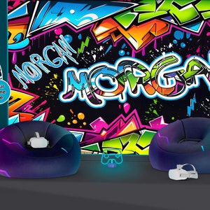 Graffiti Theme Gaming Room, Custom Art, PERSONALIZED NAME Decal Sticker Gift For Kids, Teenage Wall Sticker Removable Peel & Stick Washable