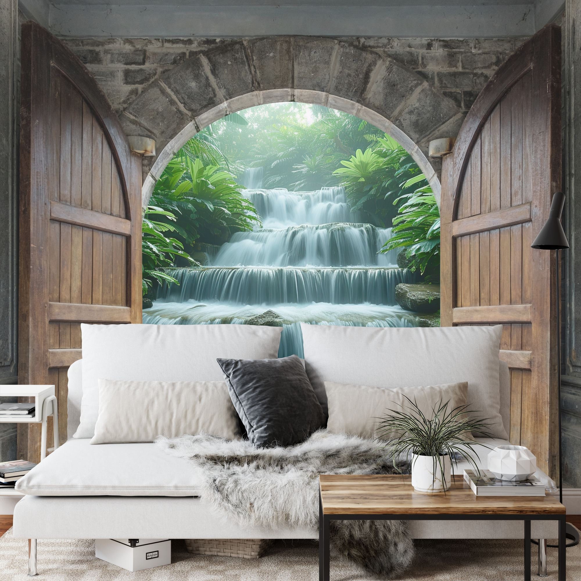 3D Castle Waterfalls View Wallpaper Mural | Peel and Stick Wall Decal ...