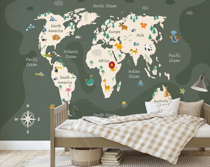 Kids Baby Room World Map Oceans Art Print Photomural Wallpaper Mural Easy-Install Removeable Peel and Stick Premium Large Photo Wall Decal