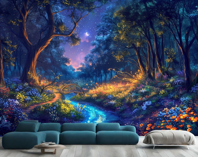 Glowing Nighttime Pathway in Forest of Flowers Gift, Art Print Photomural Wallpaper Mural Easy-Install Removeable Peel and Stick Large Decal