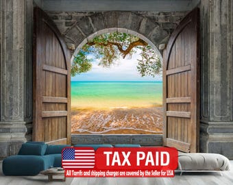 Tropical Beach View Wallpaper Mural, 3D Castle, Peel and Stick