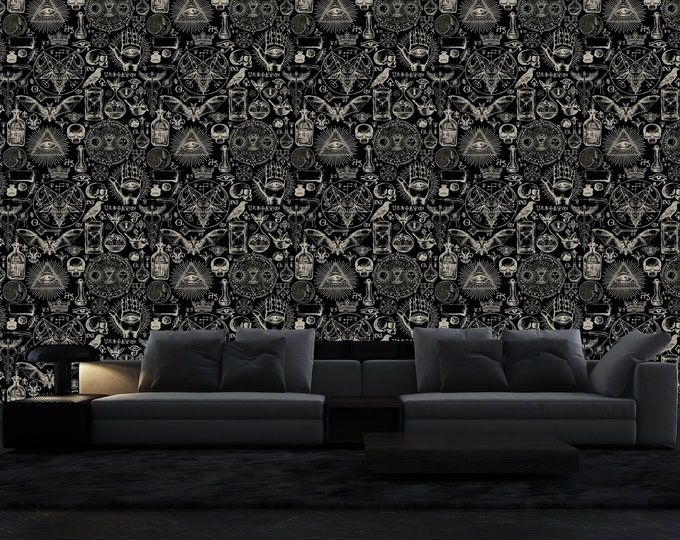 Alchemy Gothic Beige & Black Occult Skulls Bats Moons Gift Art Print Photomural Wallpaper Mural Easy-Install Removeable Peel and Stick Decal