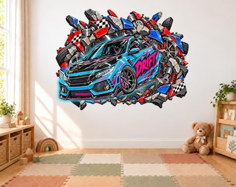 Drift Racing Supercar Sticker Wall Decal, Exploding Concrete Sports Car Sticker