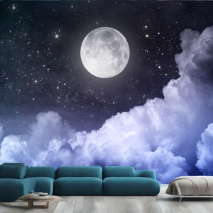 見事な月の景色、空の星、雲、宇宙の景色、モダンな家の装飾、簡単に取り付けられる壁画壁紙、剥がして貼るだけのモダンアート、洗濯可能、新品