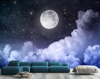 Stunning Moon view Sky stars Clouds universe View Modern Home Decor Easy-Install Wall Mural Wallpaper Peel and Stick Modern Art Washable New