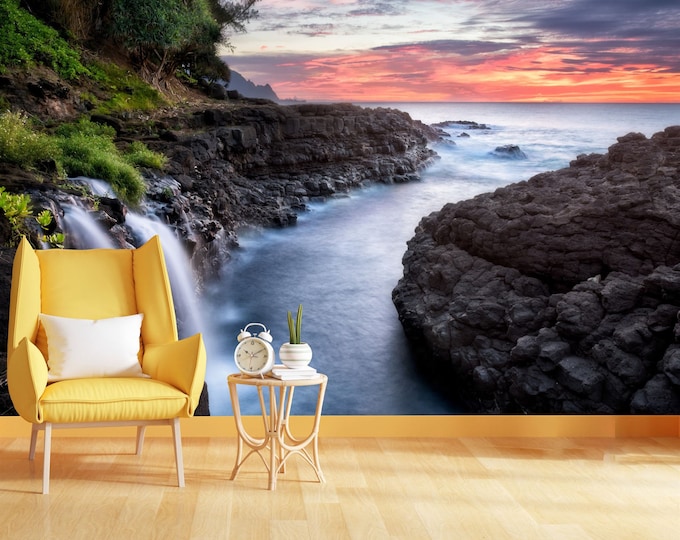 Waterfall Sunset Near Queen Bath Kauai Hawaii Gift, Art Print Photomural Wallpaper Mural Easy-Install Removeable Peel and Stick Large Decal