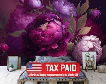 Baroque Peonies Wallpaper Mural, Rich Deep Colors, Peel and Stick