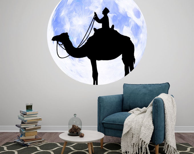 Praying on Camel Illustration Art Circle Poster Photomural Wall Décor Easy-Install Removable Self-Adhesive High Quality Peel & Stick Sticker