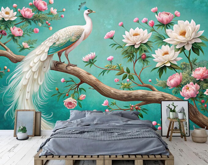 White Peacock on Lively Busy Flowers Garden Gift, Art Print Photomural Wallpaper Mural Easy-Install Removeable Peel and Stick Wall Decal
