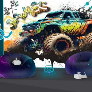 Monster Truck Watercolor Gaming Room Playing Kids Room Gift, Art Print Photomural Wallpaper Mural Removeable Peel and Stick Large Wall Decal