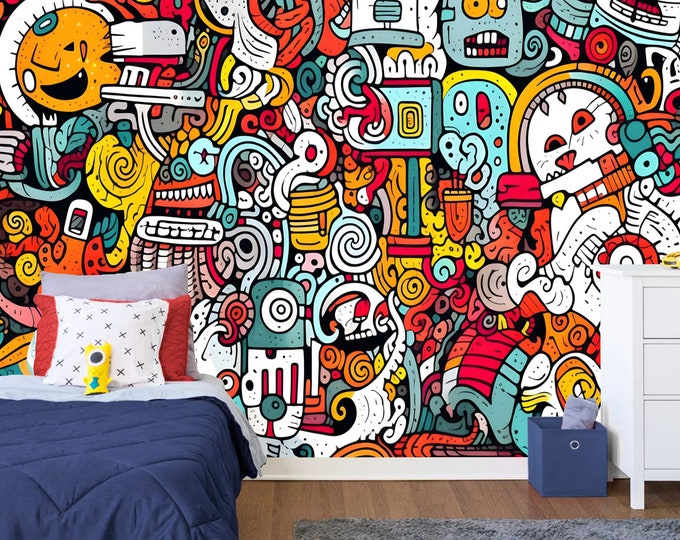 Colorful Funny Graffiti Teenage Kids Room Backdrop Gift, Art Print Photomural Wallpaper Mural Easy-Install Removeable Peel and Stick Decal