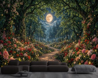 Moonlit Garden Path Art Print Wallpaper Mural, Peel and Stick