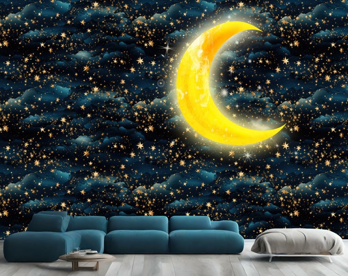 Starry Night Creative Illustration of Golden Crescent Gift Art Print Photomural Wallpaper Mural Easy-Install Removeable Peel and Stick Decal