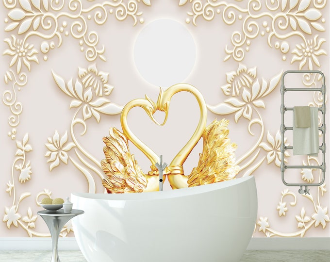 3D Beige Flowers Gold Swans Art Print Photomural Wallpaper Mural Easy-Install Removeable Peel and Stick Premium Large Photo Wall Decal New