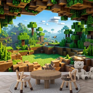 May include: A Minecraft-themed room featuring a mural of a pixelated landscape with trees, grass, and a blue sky. The room includes a round wooden table, two chairs, two teddy bears, and a rug. The scene evokes a playful and imaginative atmosphere.