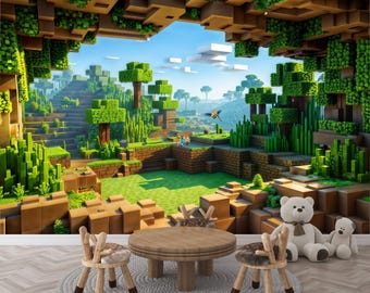 ピクセル風景壁紙、マインクラフト風ゲームルーム壁紙壁画