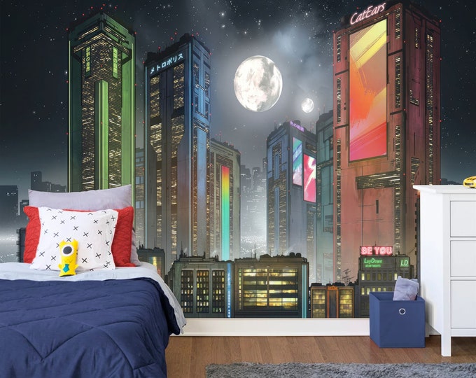 Cyber Futuristic Cityscape Under a Big Moon Gift, Art Print Photomural Wallpaper Mural Easy-Install Removeable Peel and Stick Wall Decal Art