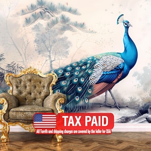 Vintage Chinoiserie Peacock Wallpaper Mural, Peel and Stick Wall Decal