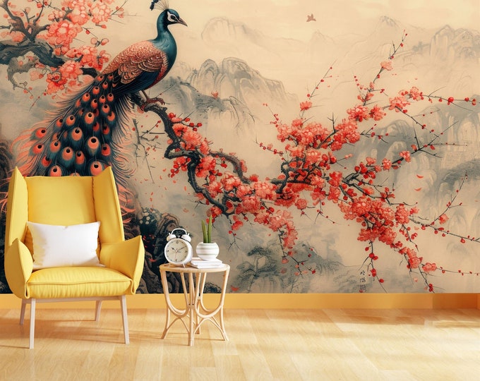 Vintage Chinoiserie Peacock Flowers Gift, Art Print Photomural Wallpaper Mural Easy-Install Removeable Peel and Stick Large Wall Decal Art