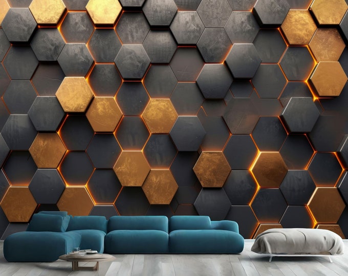 Abstract Black and Gold Hexagonal Luxury Gift, Art Print Photomural Wallpaper Mural Easy-Install Removeable Peel and Stick Large Wall Decal